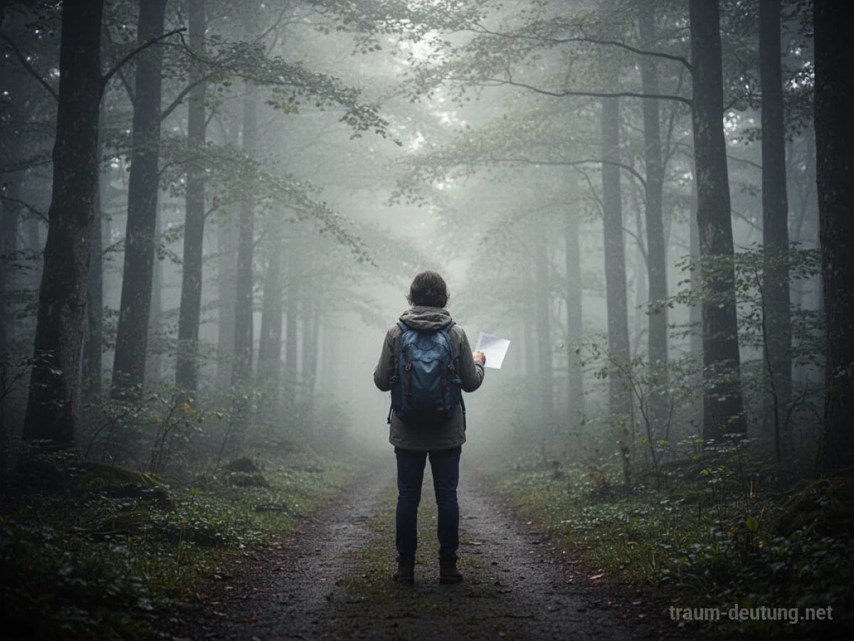 Person steht auf einem Weg vor einem nebligen Wald, ohne Gepäck.