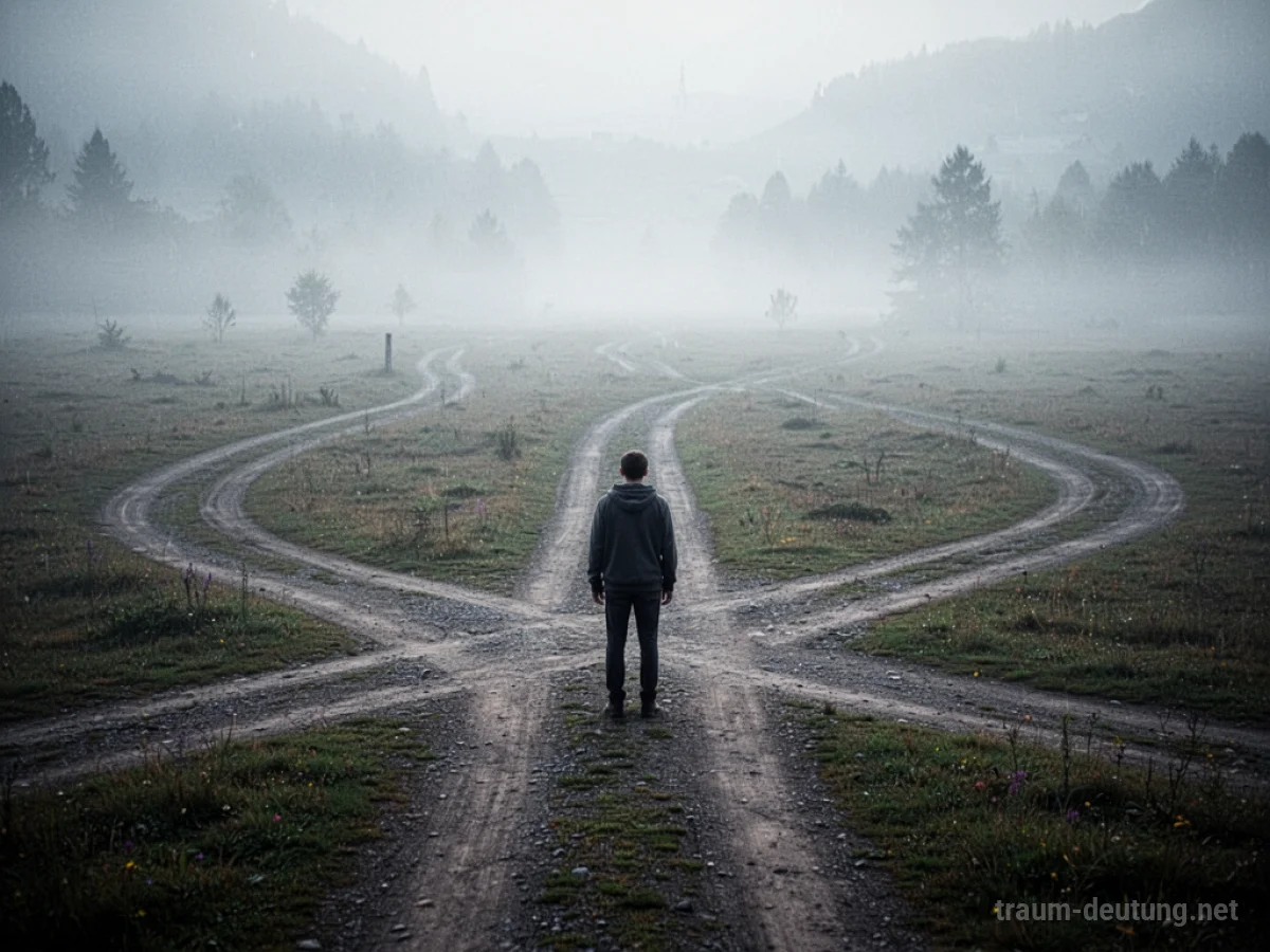 Person steht an einer Weggabelung mit mehreren unklaren Pfaden in eine neblige Landschaft.