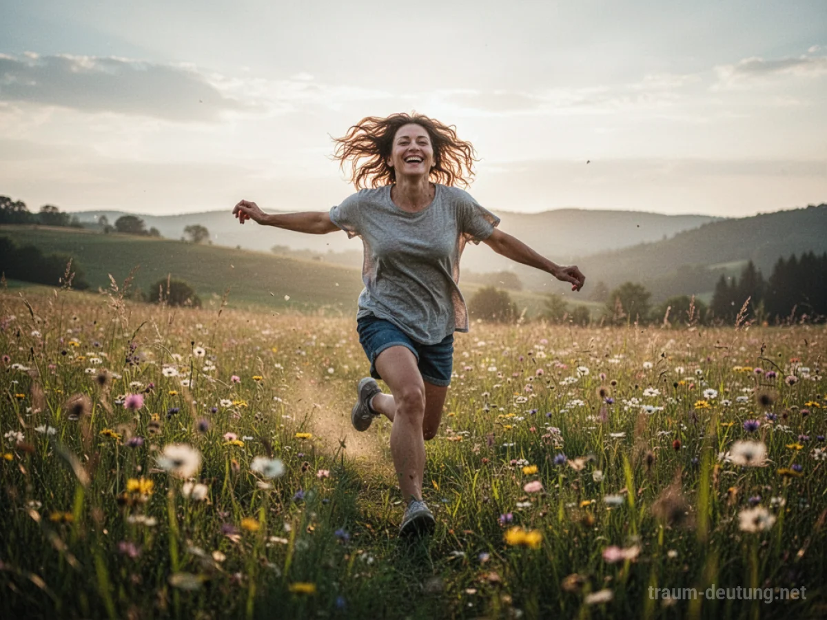 Eine Person rennt freudig über eine sonnenbeschienene Wiese.