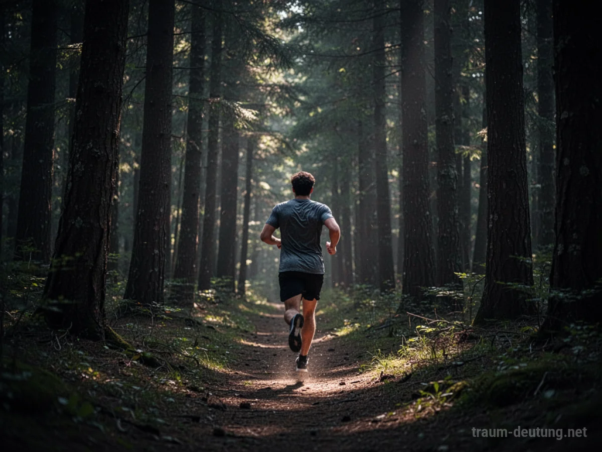 Person rennt durch einen dichten, dunklen Wald