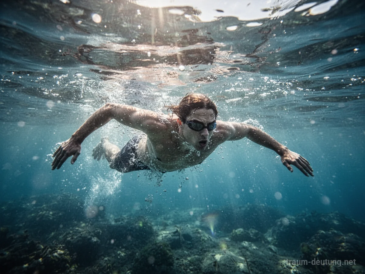 Person schwimmt entschlossen durch klares Wasser