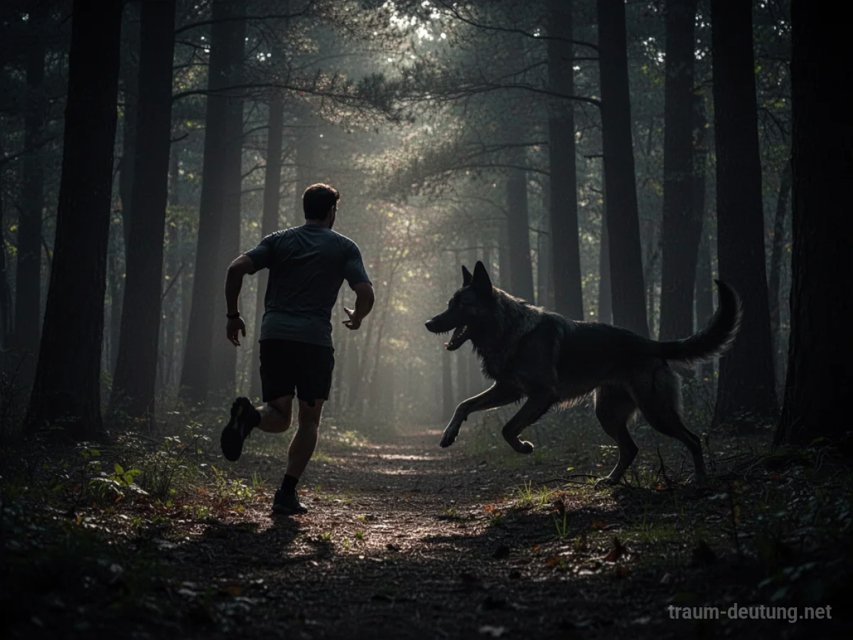 Silhouette einer Person rennt vor einem bedrohlichen Hund im Schatten