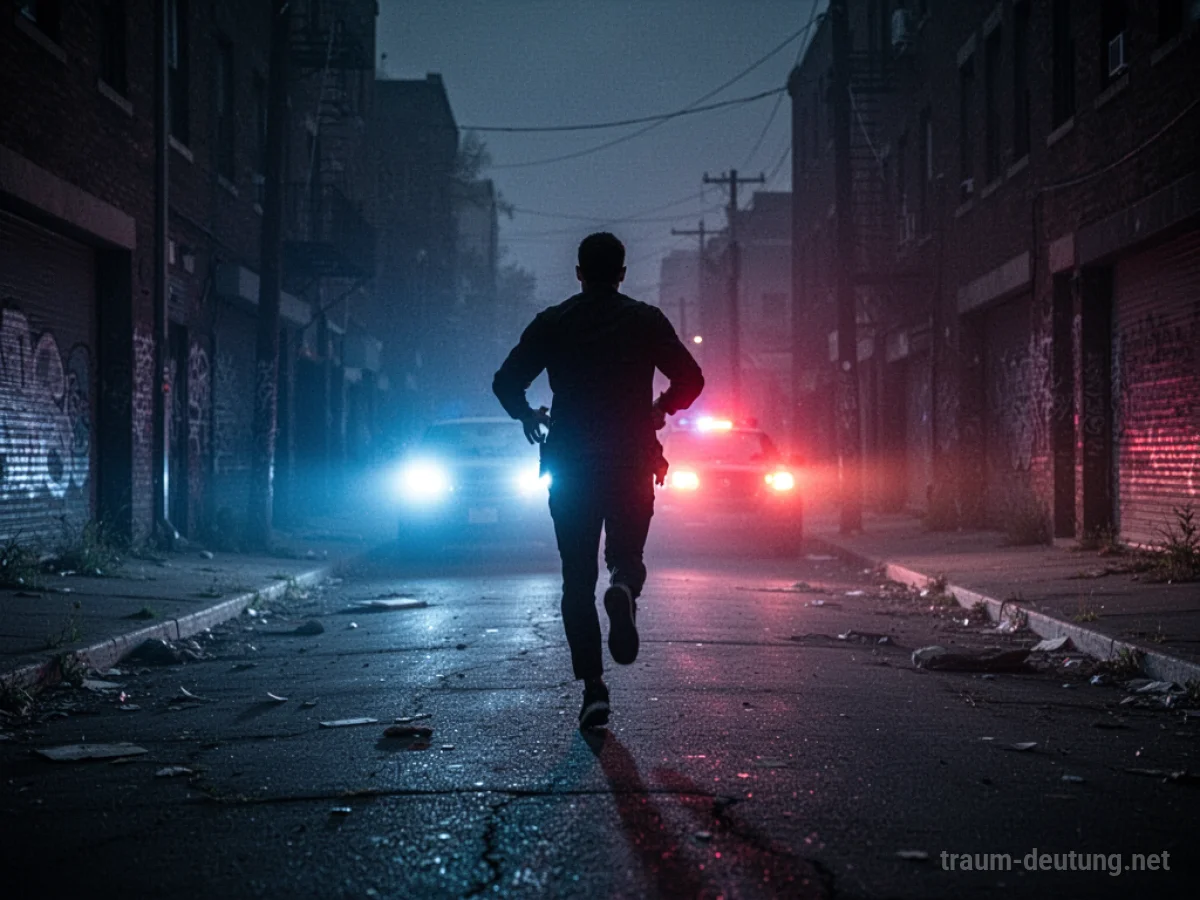 Silhouette einer Person, die vor Blaulicht auf einer dunklen Straße flüchtet.
