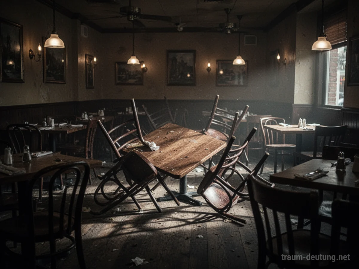 Ein verwüstetes Restaurant mit umgestürzten Tischen und Stühlen im Halbdunkel.
