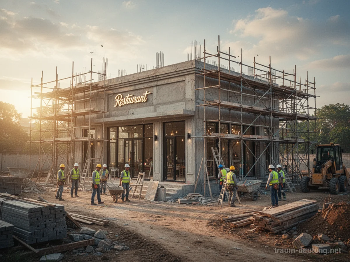 Baustelle eines Restaurants im Entstehen mit Gerüsten und Arbeitern.