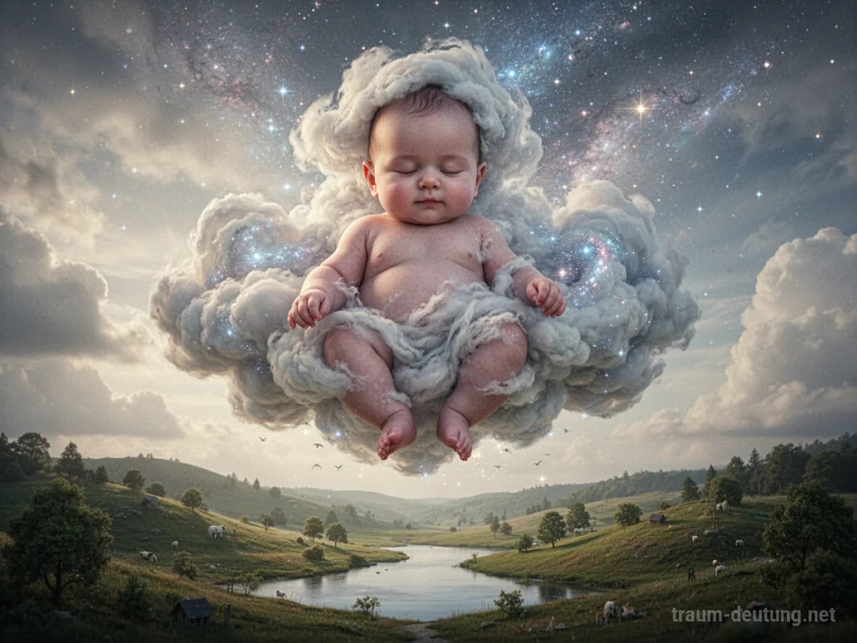 Ein riesiges Baby aus Wolken schwebt über einer kleinen Landschaft.