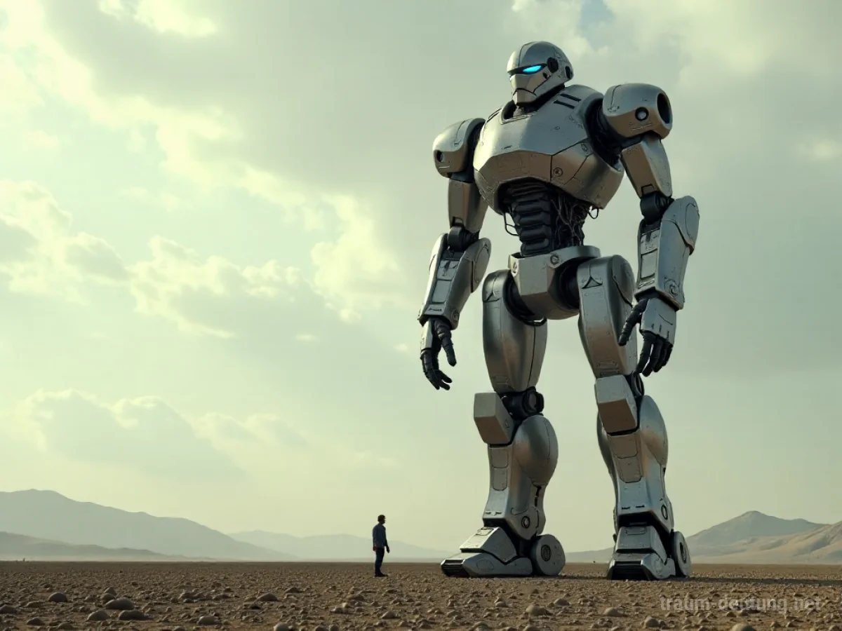 Ein riesiger Roboter steht in einer weiten Landschaft, eine kleine menschliche Figur in der Ferne.
