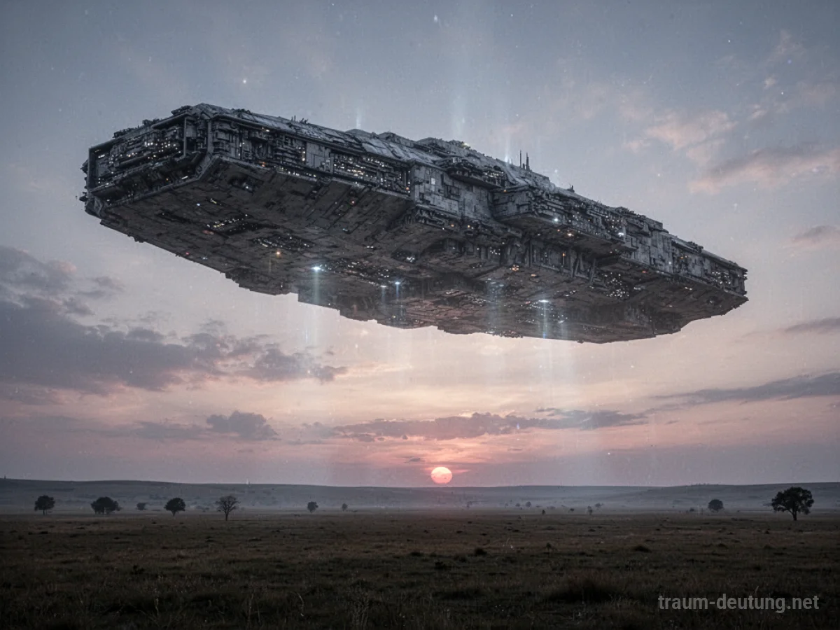 Ein riesiges Raumschiff schwebt über einer ruhigen Landschaft im Zwielicht.