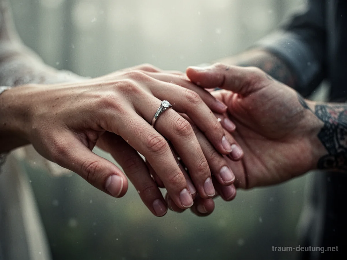 Ein Ring an einem fremden Finger, die Hände berühren sich sanft.