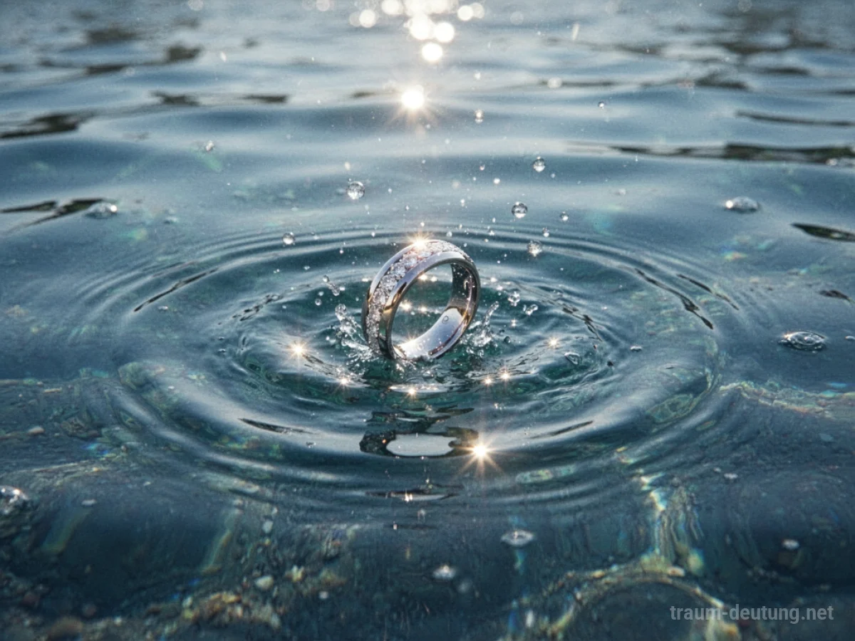 Ein goldener Ring fällt in klares blaues Wasser, Wellen breiten sich aus.