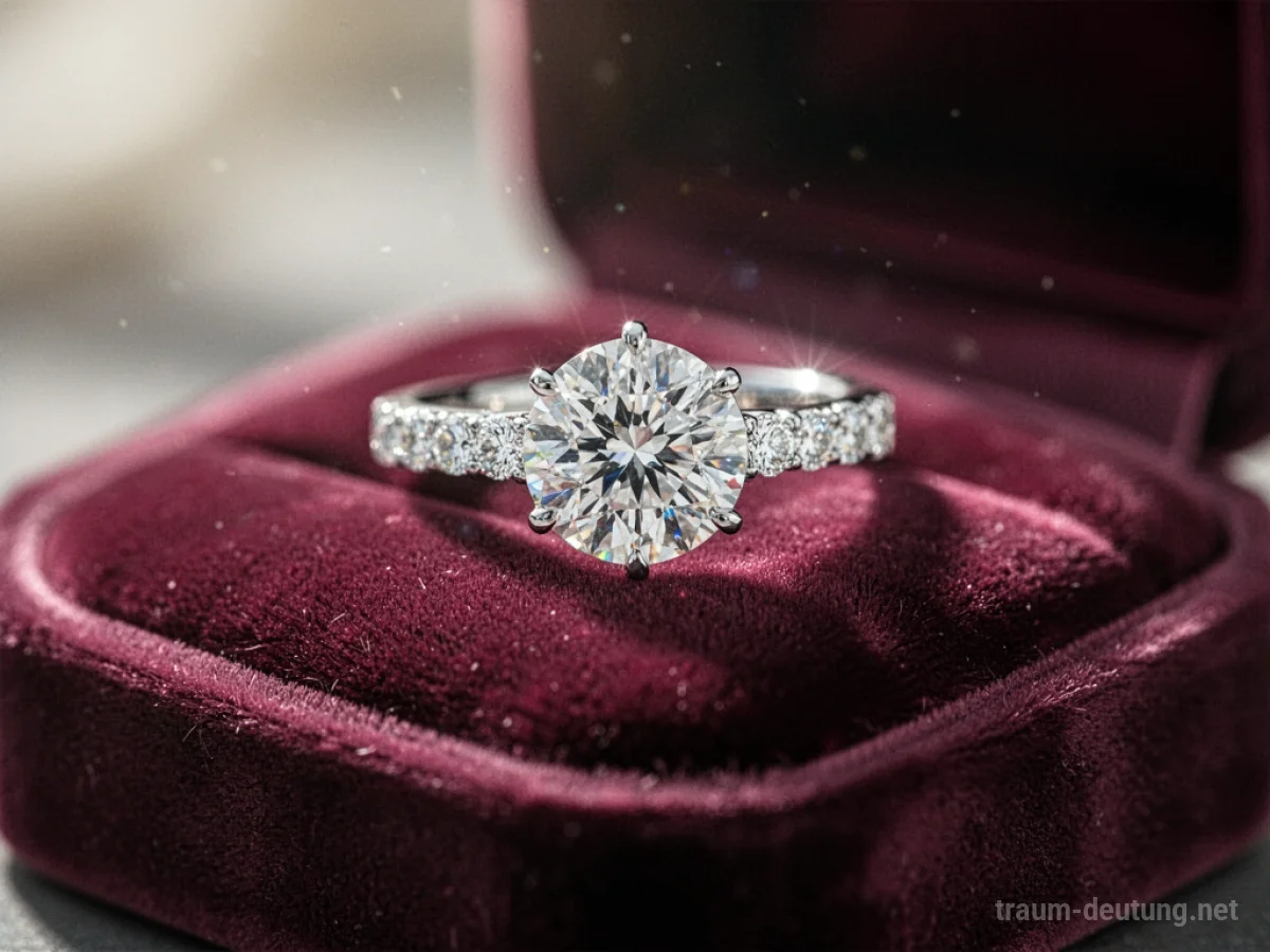 Ein glitzernder Diamantring auf einem Samtkissen, detailreiche Aufnahme.