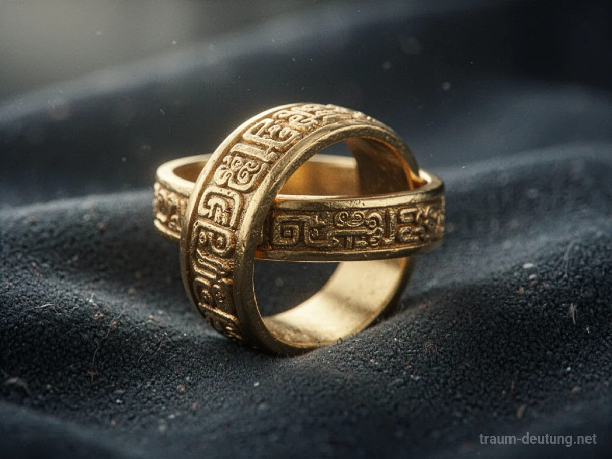 Goldener Ring mit detaillierter Gravur liegt auf dunklem Stoff.