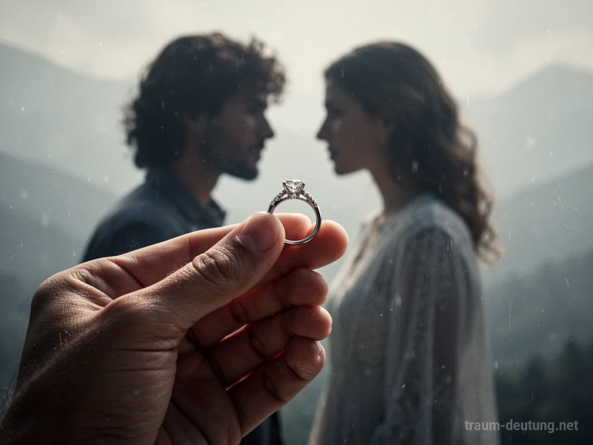 Hand hält Ring, Silhouette eines ehemaligen Partners im Hintergrund