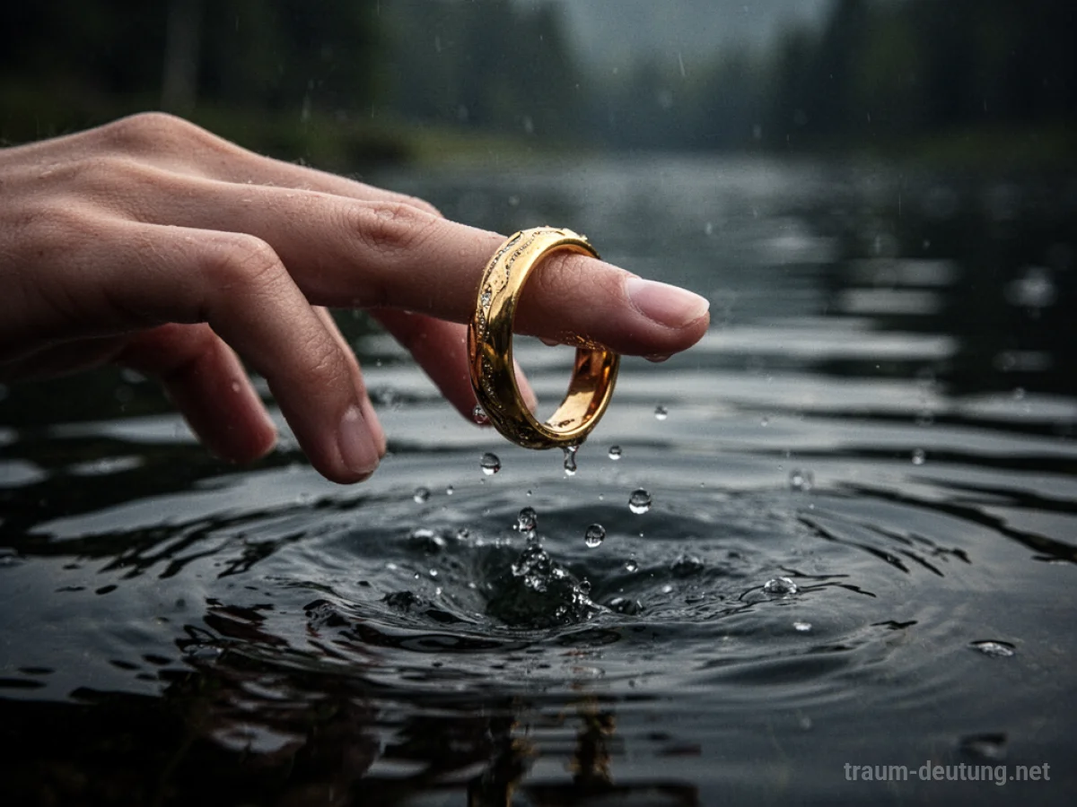 Ein goldener Ring rutscht von einem Finger und fällt in dunkles Wasser.