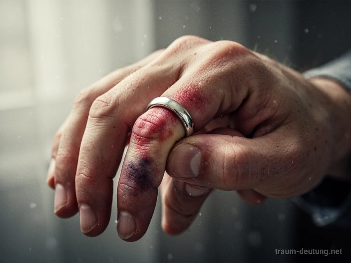 Hand mit einem zu engen Ring, der den Finger einschnürt.