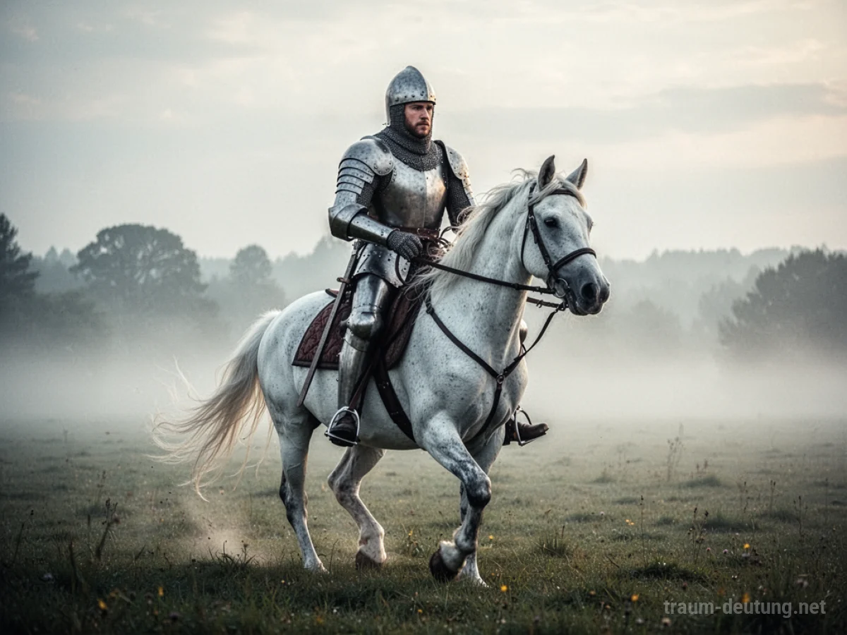 Ein Ritter in voller Rüstung reitet auf einem weißen Pferd durch eine neblige Landschaft.