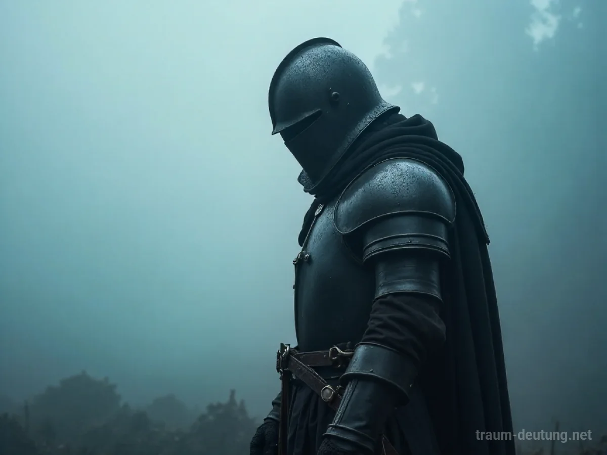 Ein Ritter in nebliger Atmosphäre, sein Helm ist gesenkt.