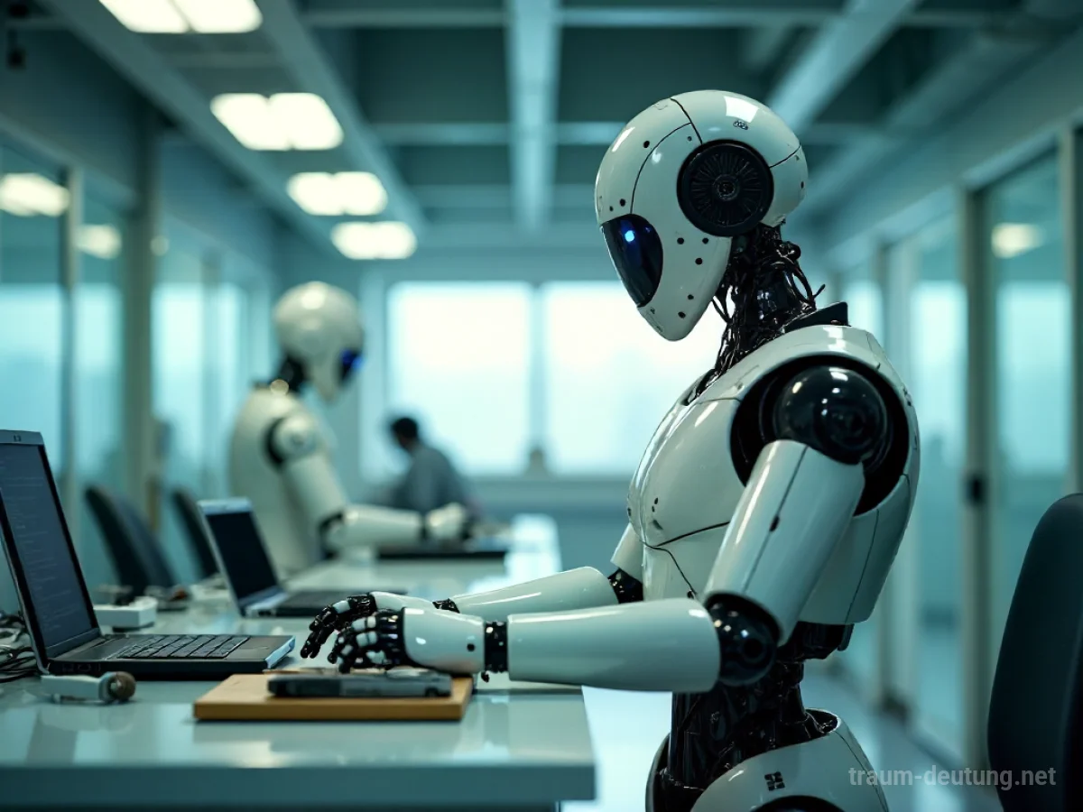 Ein Roboter arbeitet an einem Schreibtisch in einem Büro.