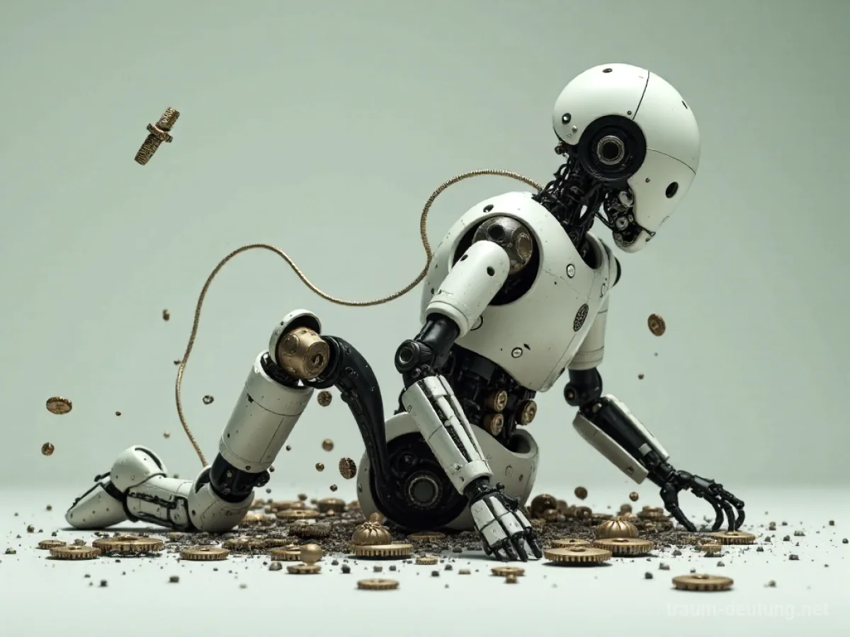 Ein Roboter zerfällt in seine Einzelteile, Mechanik und Kabel fallen heraus.