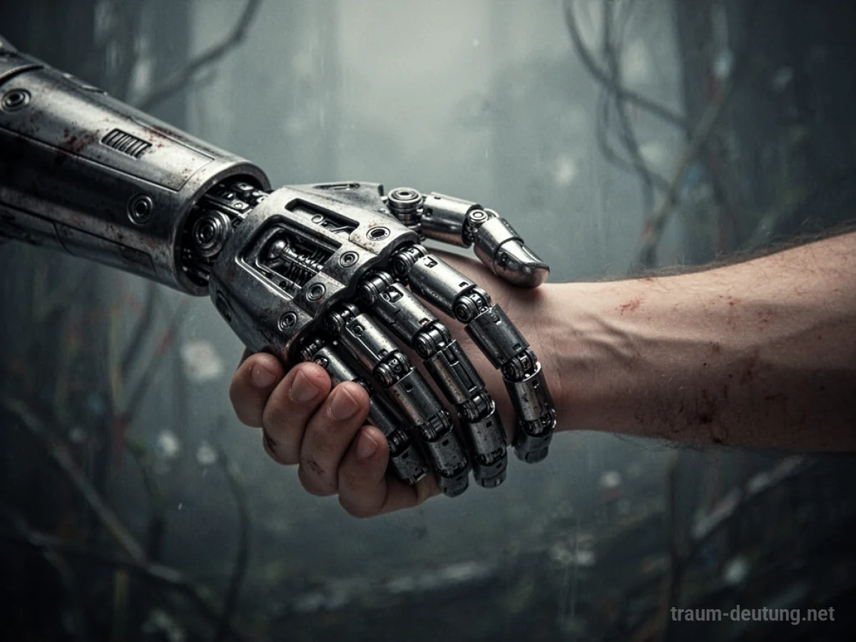 Eine Roboterhand hält ein menschliches Handgelenk fest, symbolisiert Kontrolle im Traum.
