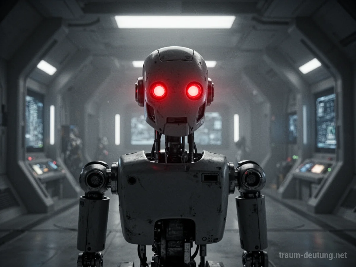 Roboter mit leuchtend roten Augen in einem dunklen Raum