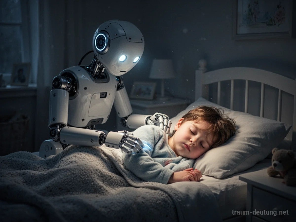 Ein Roboter kümmert sich fürsorglich um ein schlafendes Kind.