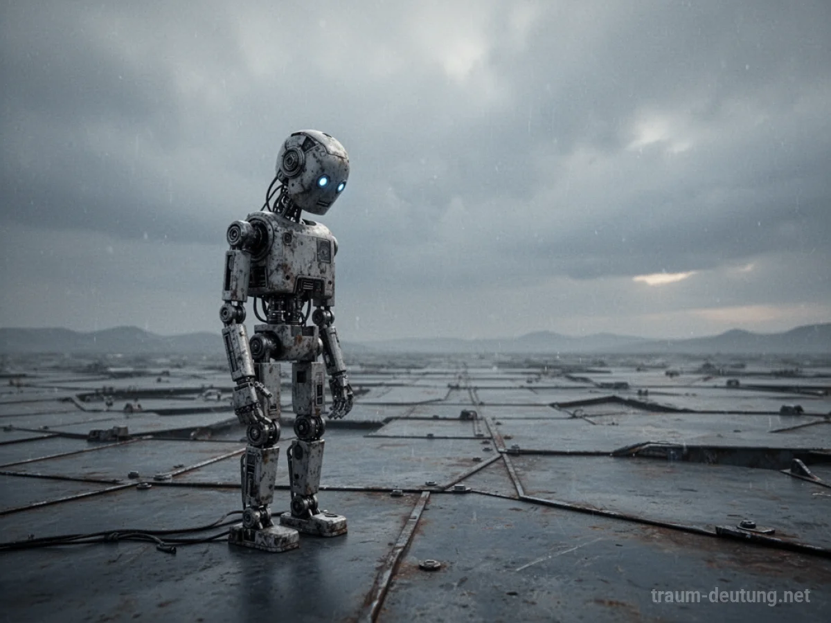Ein einsamer Roboter steht in einer weiten, metallischen Landschaft unter grauem Himmel.