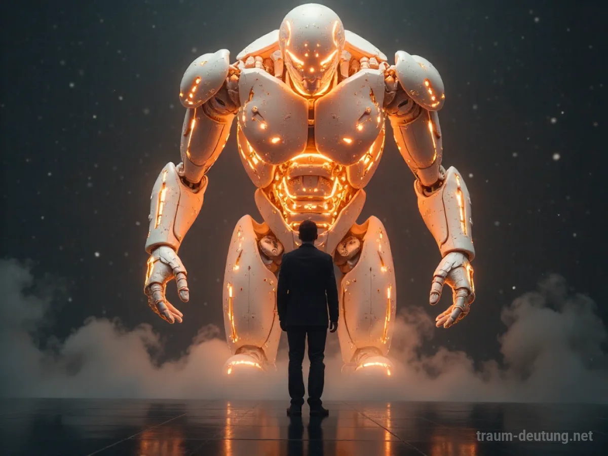 Eine menschliche Silhouette im Gespräch mit einer leuchtenden Roboterform.
