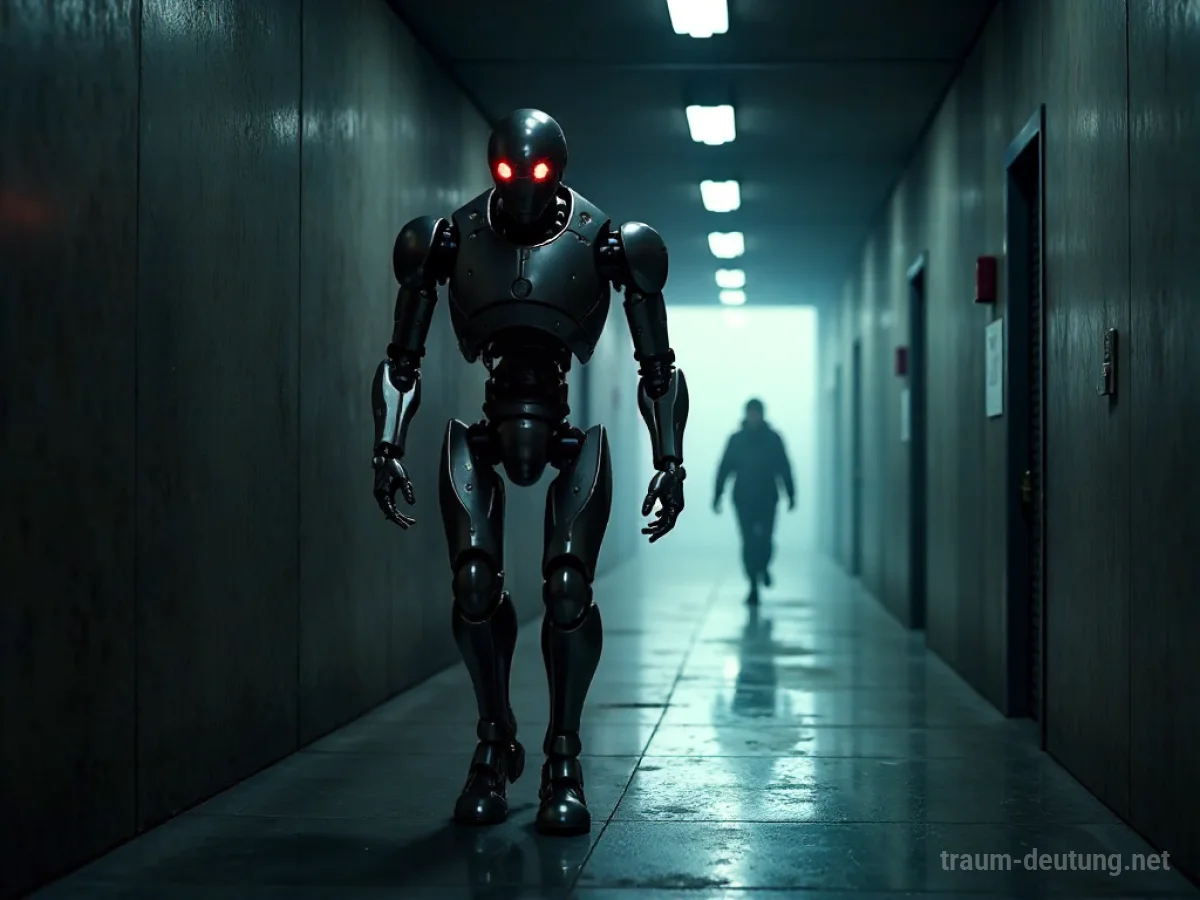 Silhouette einer Person flieht vor einem bedrohlichen Roboter mit roten Augen