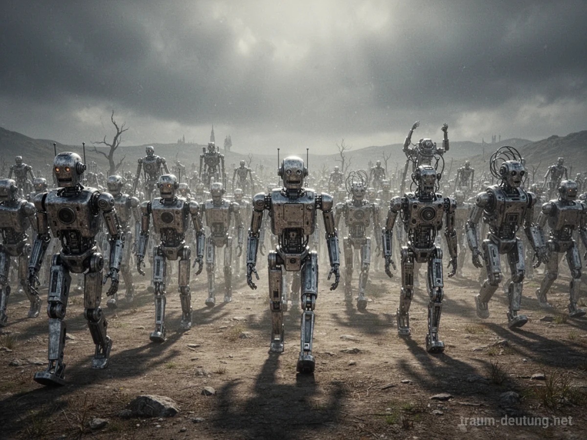 Eine riesige Armee von Robotern marschiert über eine öde Landschaft unter bedrohlichem Himmel.