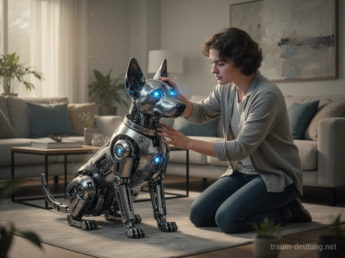 Person streichelt einen metallischen Roboterhund mit leuchtenden Augen.