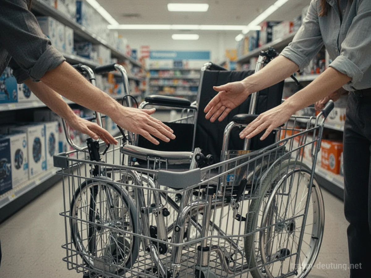 Hände, die einen Einkaufswagen mit einem Rollstuhl und anderen Hilfsmitteln berühren