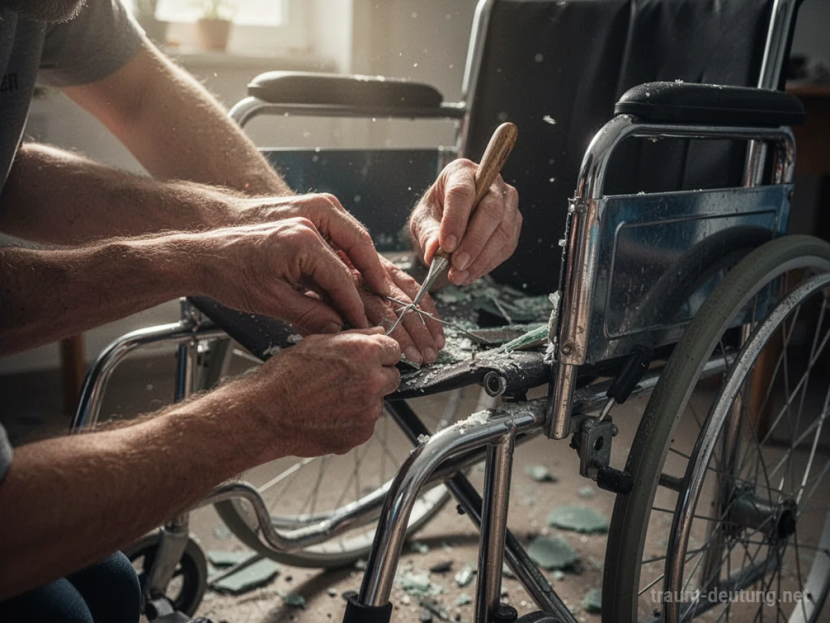 Hände reparieren einen Rollstuhl mit Werkzeugen