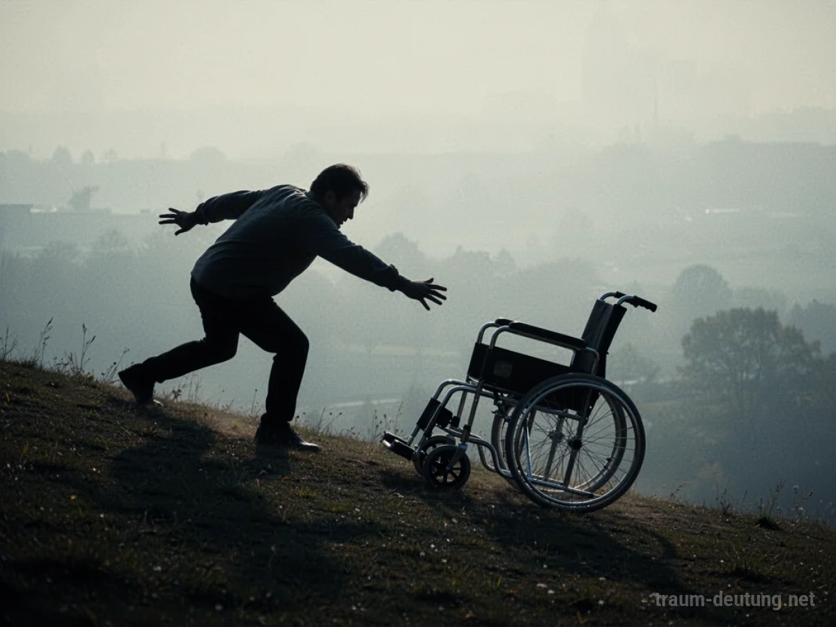 Silhouette einer Person, die nach einem wegrollenden Rollstuhl greift