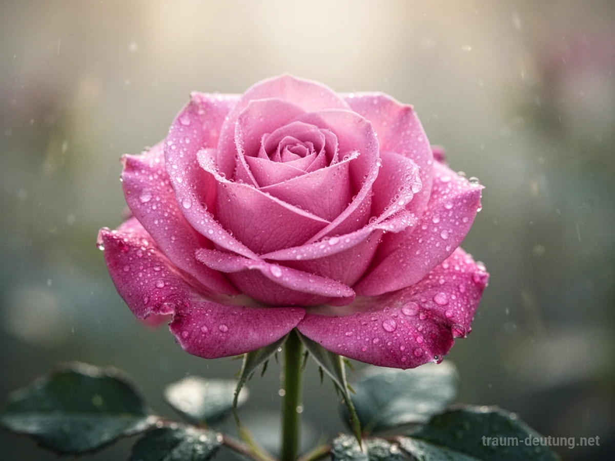 Eine einzelne zarte rosa Rose mit Tautropfen auf den Blütenblättern.