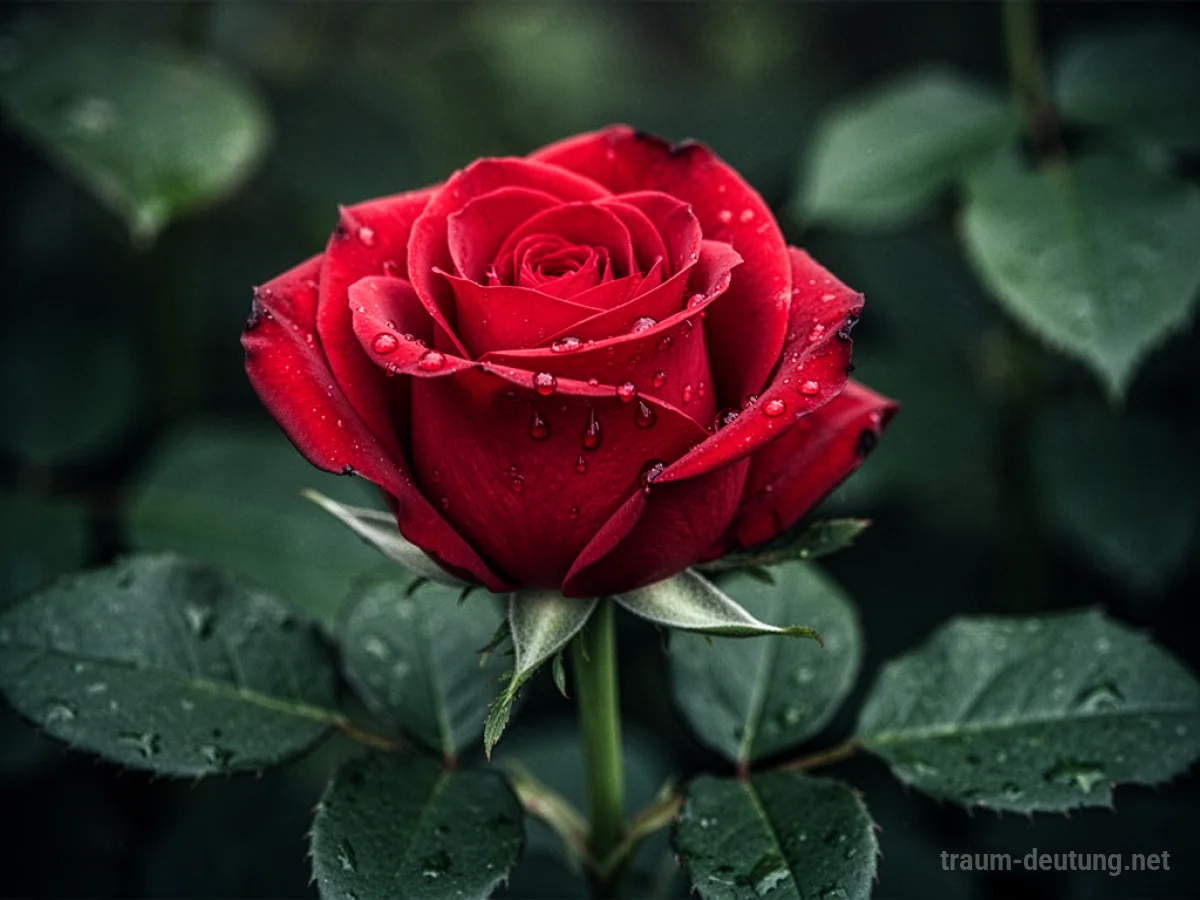 Eine einzelne rote Rose mit dunklen Tropfen auf den Blütenblättern im sanften Licht