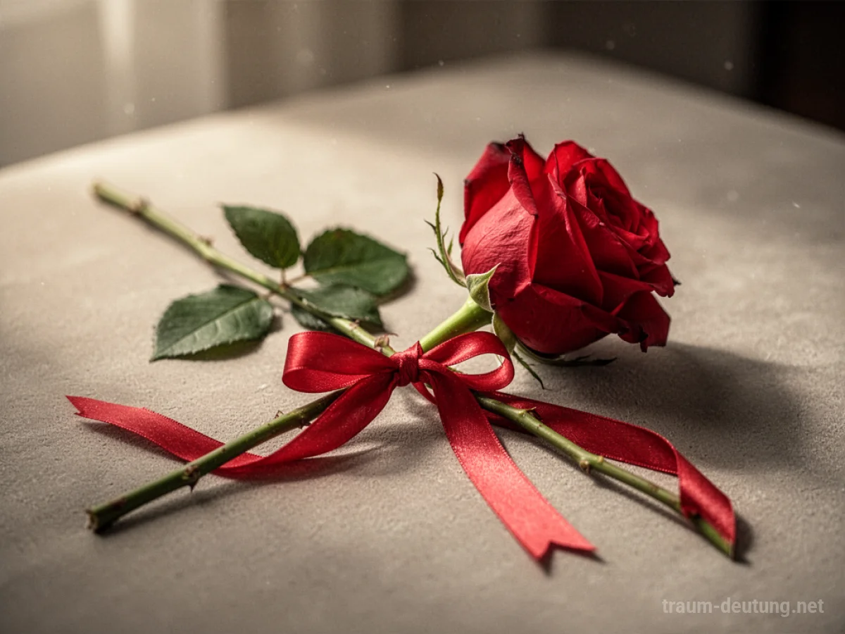 Eine einzelne rote Rose mit einer Schleife, die auf einer weichen Oberfläche liegt.