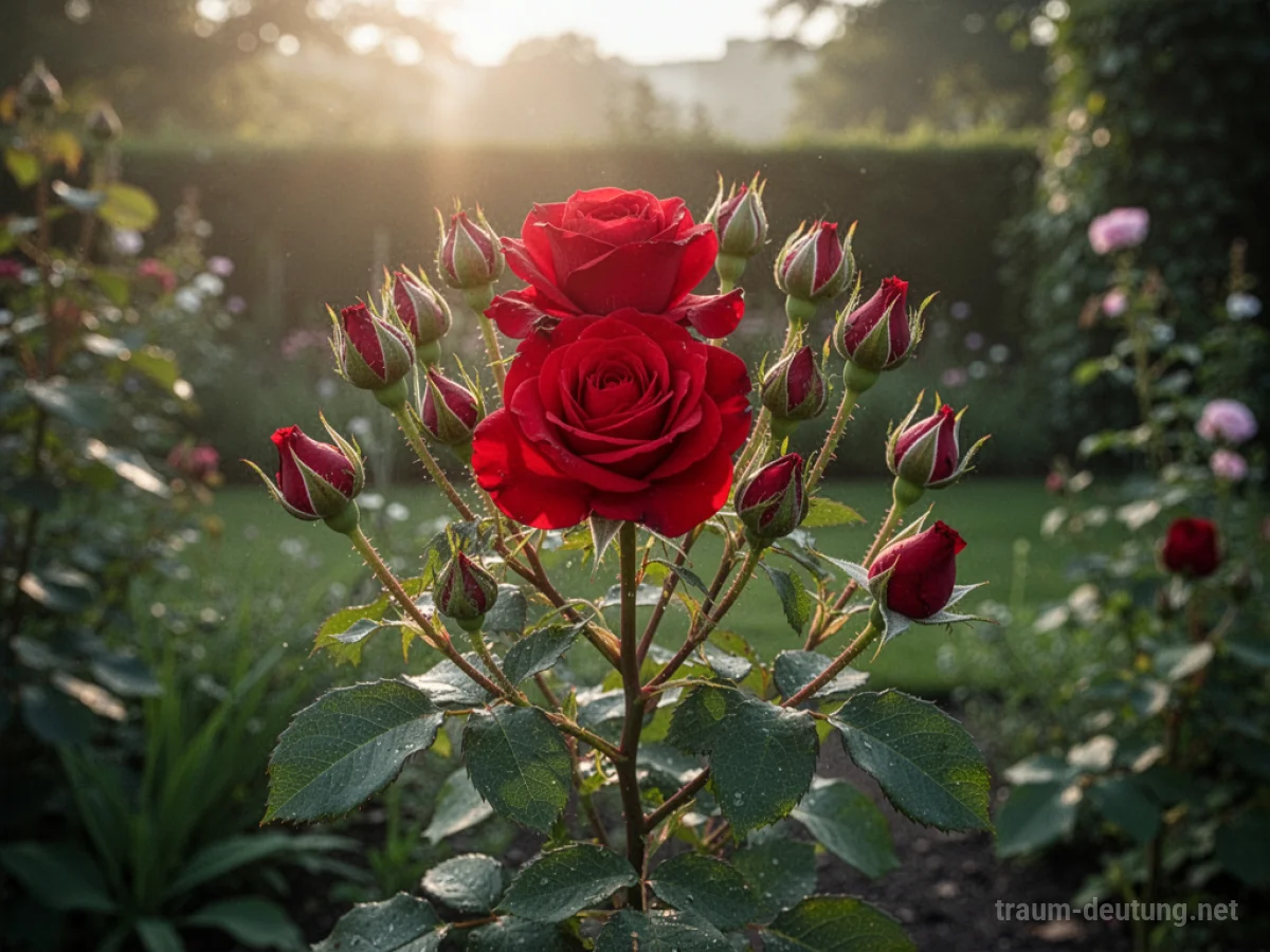 Ein Rosenbusch mit vielen geschlossenen Knospen im Sonnenlicht.