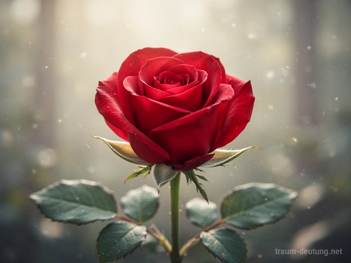 Eine einzelne rote Rose ohne Dornen vor sanftem Hintergrund.
