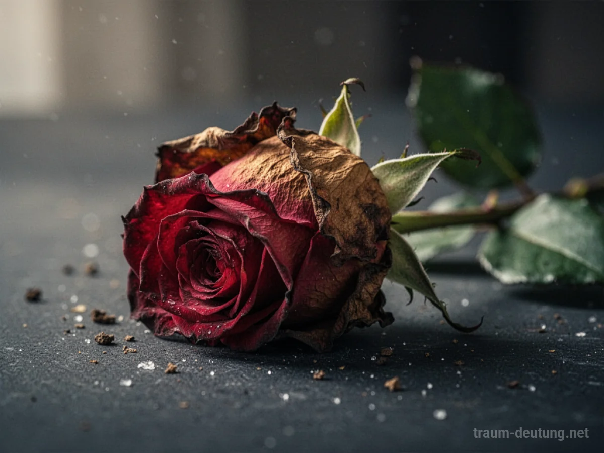 Welkende rote Rose auf dunklem Untergrund