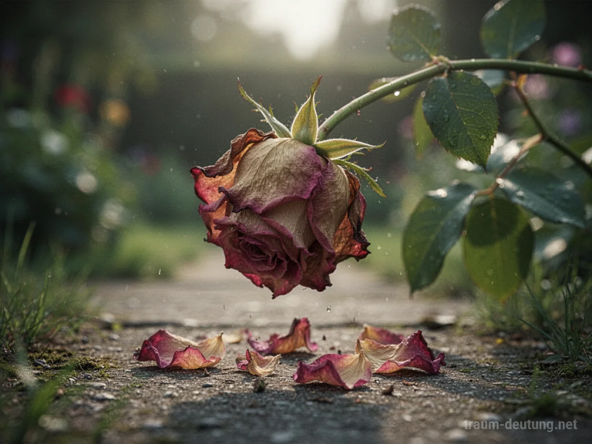 Verwelkende Rose, deren Blütenblätter zu Boden fallen