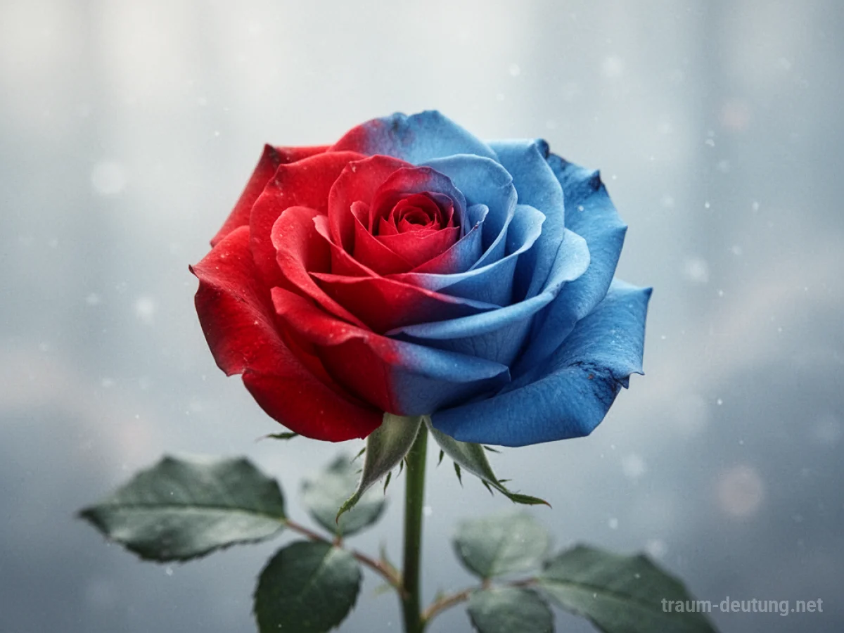 Eine Rose, deren Farbe sich von Rot zu Blau wandelt, vor einem sanften Hintergrund.