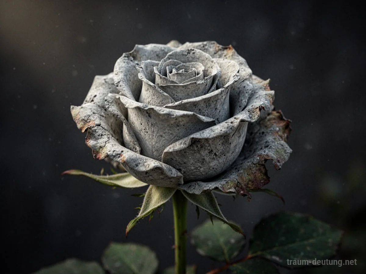 Eine Rose, deren Blütenblätter sich zu Stein verfärben und verhärten.