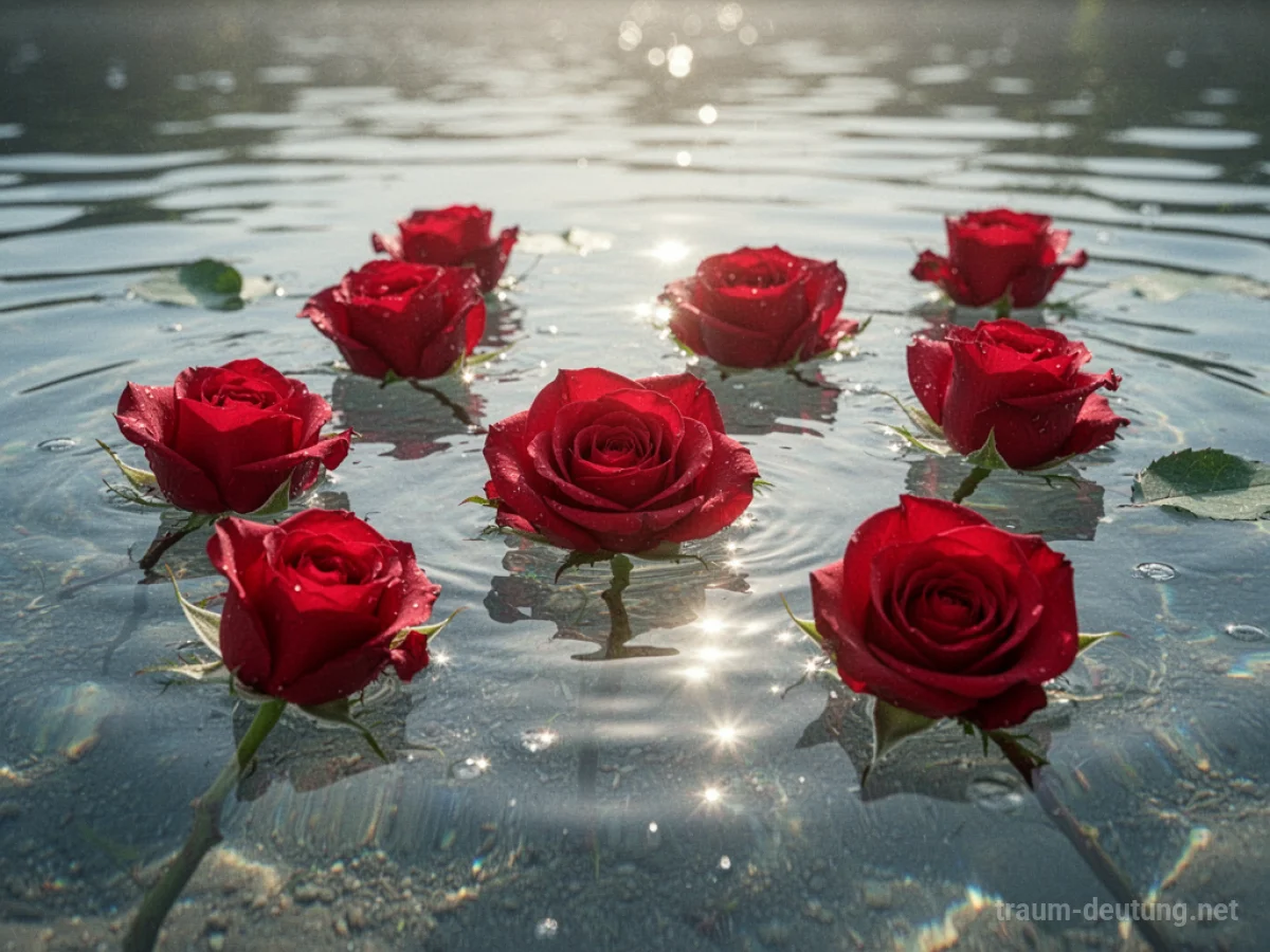 Rote Rosen treiben auf ruhigem Wasser unter sanfter Sonne.