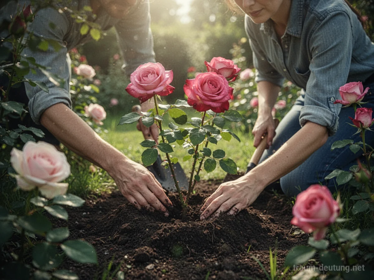 Hände pflanzen einen jungen Rosenstrauch in Erde in einem sonnigen Garten.