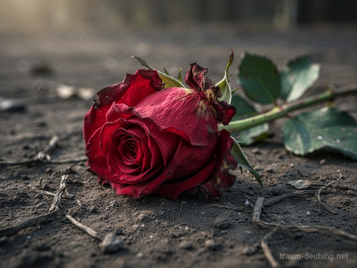 Eine einzelne rote Rose mit welken Blütenblättern auf dunklem Untergrund.