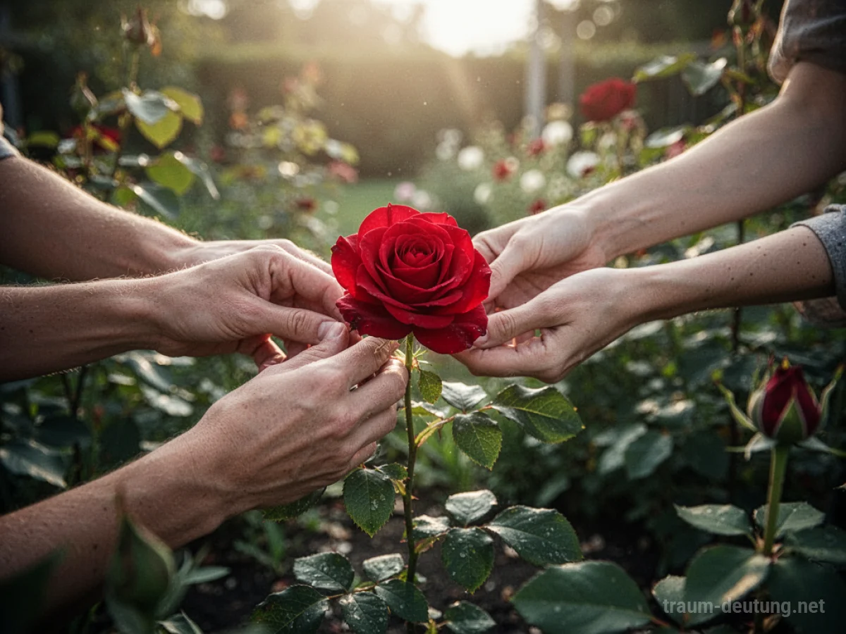 Hände pflücken eine rote Rose in einem sonnigen Garten