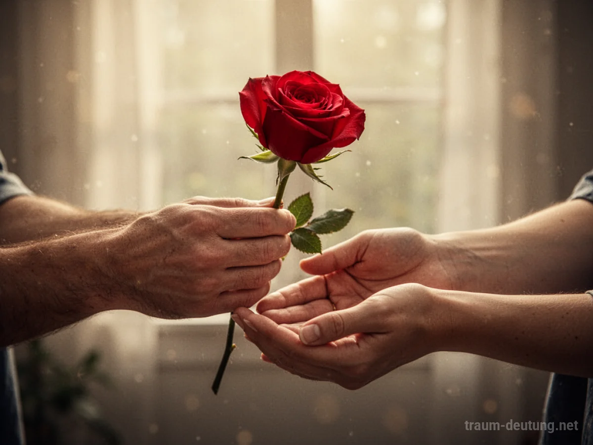 Hände, die eine rote Rose zum Verschenken reichen