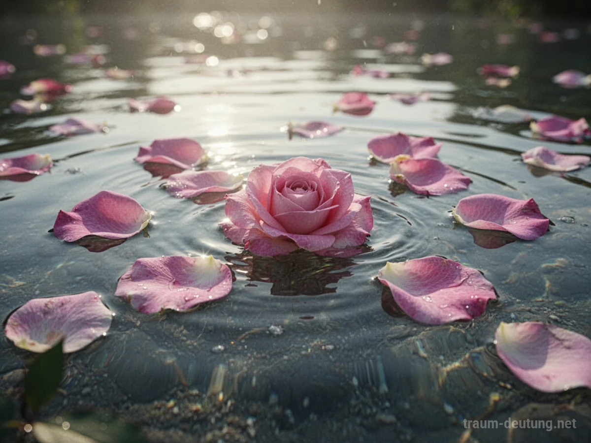 Rosenblüten treiben auf stiller Wasseroberfläche im Sonnenlicht.