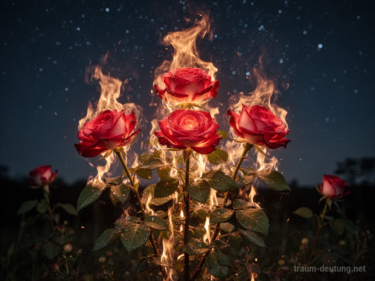 Ein brennender Rosenbusch im Dunkeln, dessen Blüten leuchten.